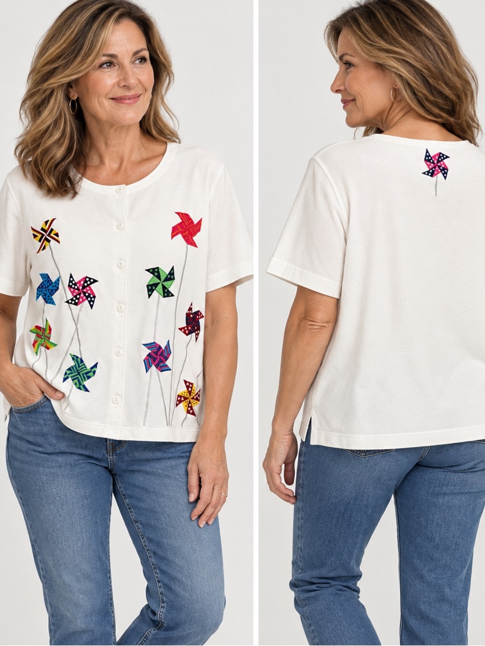 Bechamel 100% cotton Cream Short-Sleeve Button-Front Top Pinwheel Embroidery L